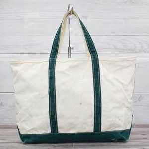 LL Bean Boat &Tote Ivory Canvas Green Trim Zip Top Shoulder Tote Bag